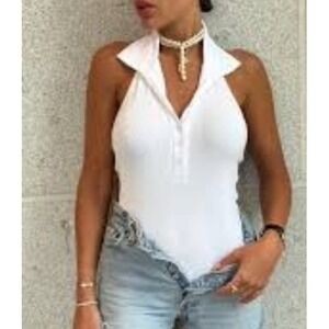 EXPRESS White Ribbed Polo Collar Halter Bodysuit